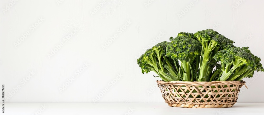 Poster fresh broccolini arranged on a wicker stand against a white backdrop, conveying a vegetarian concept