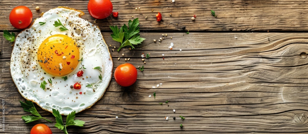Aufkleber delicious fried eggs with veggies on a wooden table, top view with copy space image.