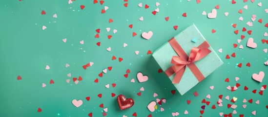 Fototapeta premium Valentine's Day gift surrounded by hearts and confetti on a green background with ample copy space in a flat lay, seen from above.