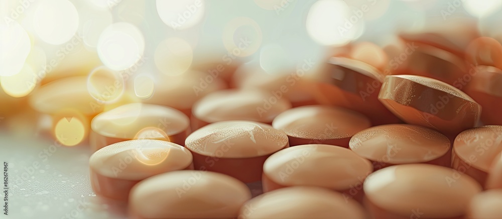 Aufkleber Close-up of pills on a white background with a soft bokeh effect, featuring a copy space image.