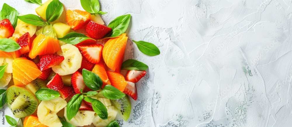 Poster a fruit salad with green leaves displayed on a white backdrop to enhance vibrant colors in the copy 