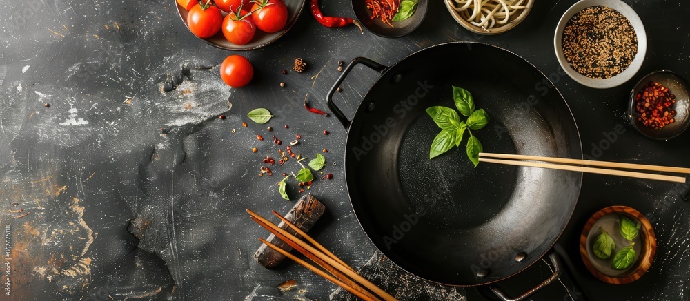 Aufkleber Flat lay of black wok, chopsticks, and assorted items on a textured table with room for text in the image. Copy space image. Place for adding text and design