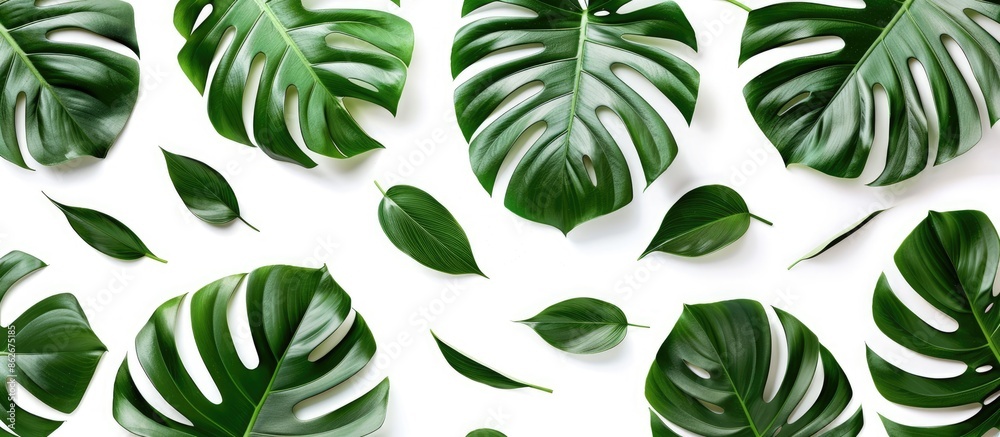 Aufkleber top-view tropical green monstera leaves and branches forming a pattern against a white background, i