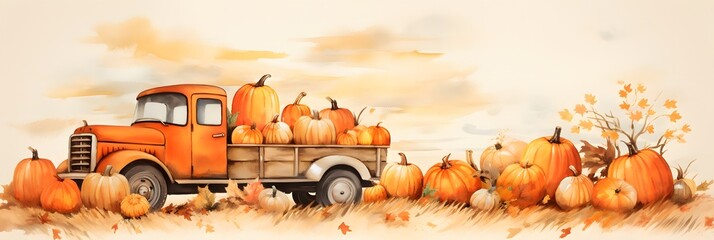Vintage red truck loaded with pumpkins in an autumn field, perfect for seasonal and harvest themes. Fall colors and rustic charm.