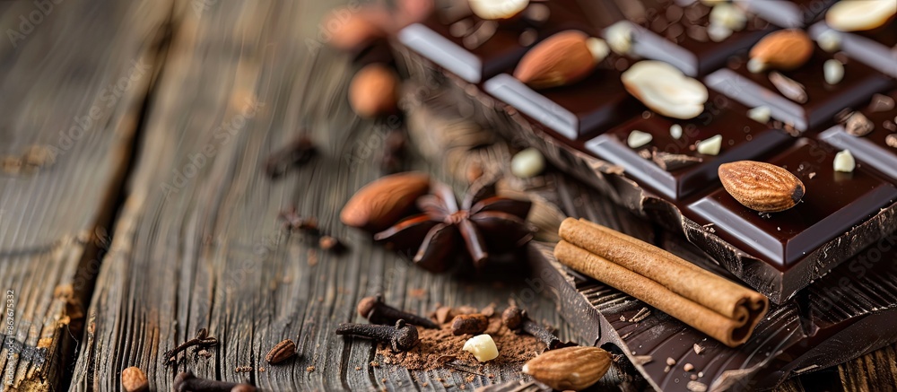 Aufkleber Dark chocolate bar with almonds, hazelnuts, and a cinnamon stick on a wooden background with space for text or other images. Copy space image. Place for adding text and design