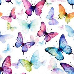 Colorful watercolor butterflies pattern on white background, vibrant nature-inspired design perfect for various artistic projects.