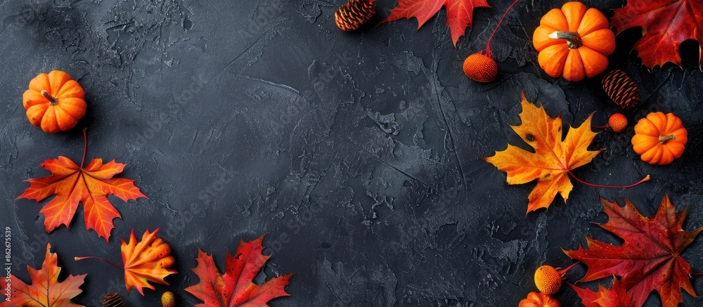 Poster autumn maple leaves along with small orange pumpkins set against a dark gray background with copy sp