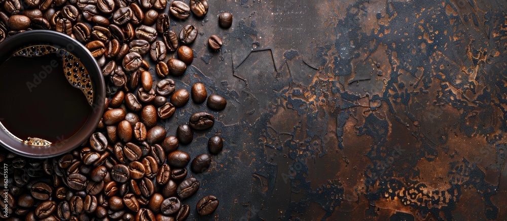 Aufkleber top view of roasted coffee beans background with copy space image.