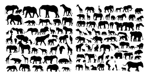 Big animals set poster. Elephant, giraffe, lion, hippo, hyena, rhin, zebra, Animals silhouette big set. Group of African animals collection vector silhouette illustration isolated on white background.