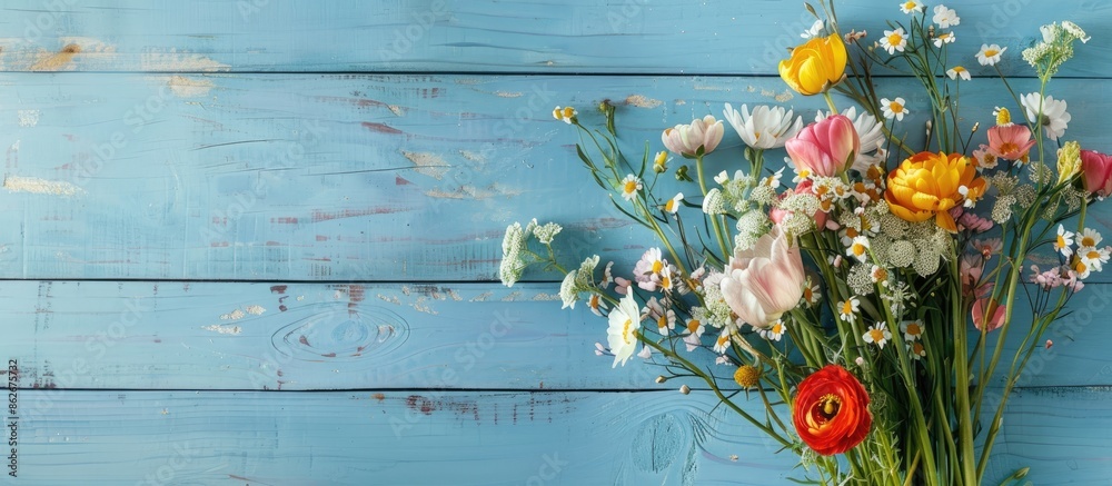Poster flowers from the garden displayed on a blue wooden table with a background perfect for a copy space 