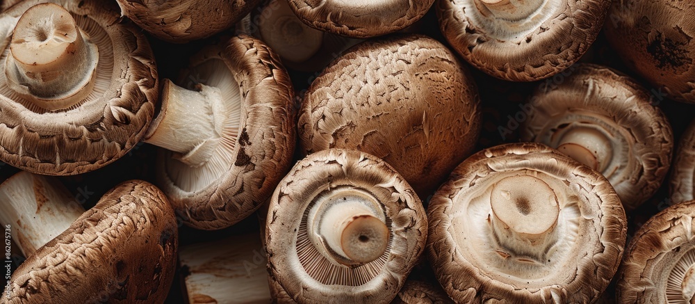Poster close-up view of brown mushrooms, including champignons, whole and cut in half, with ample copy spac