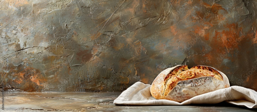 Leinwandbilder Fresh bread loaf on napkin on a table, set against a rustic stone background for a bakery feel, with space for text or images. Copy space image. Place for adding text and design