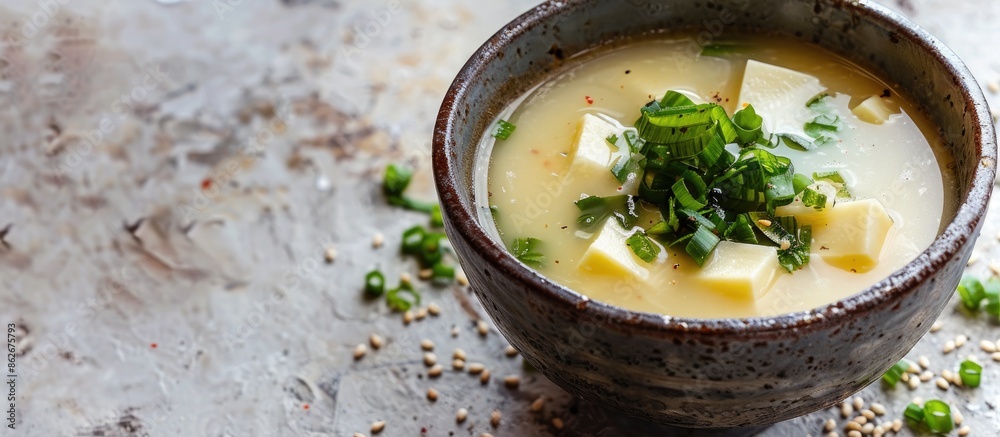 Aufkleber A flavorful cup of miso soup displayed on a plain white surface with ample copy space image.