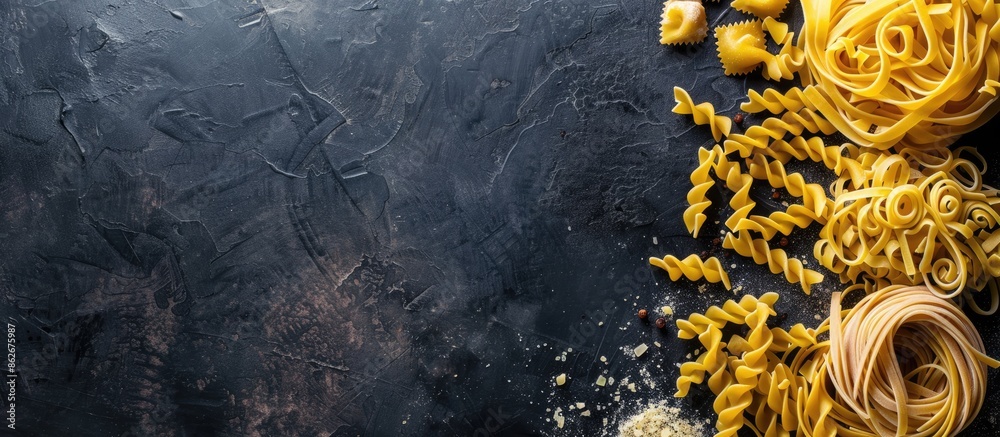 Poster Top down view of different types of pasta on a dark concrete backdrop, ideal for a cooking concept, with ample space for adding text or images.