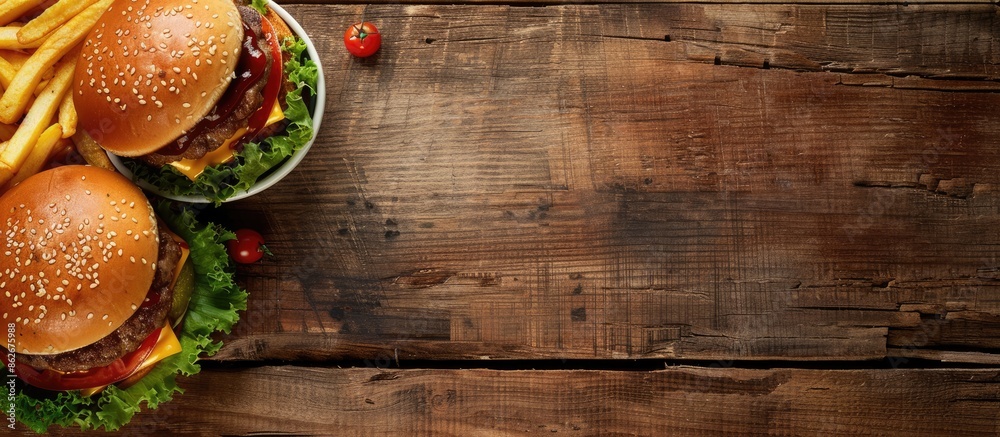 Poster a homemade burger and fries on a wooden table with a top view, featuring a copy space image.