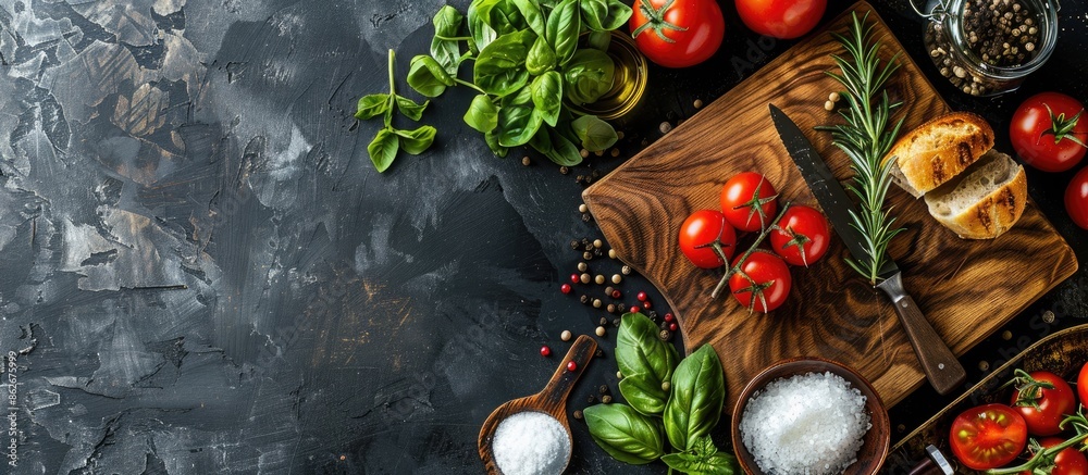 Poster Wooden cutting board and various ingredients displayed on black table in flat lay composition with copy space image.