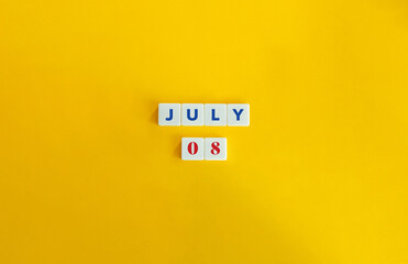 July 08 Banner. Concept of Celebrating Anniversary, Birthday, Jubilee, Big Day. Text on Block Letter Tiles and Icon on Flat Background. Minimalist Aesthetics.