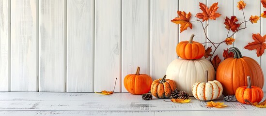 Fall-themed setup with pumpkins and decorations on a rustic white table. Ideal for autumn concepts or messages with available copy space image.