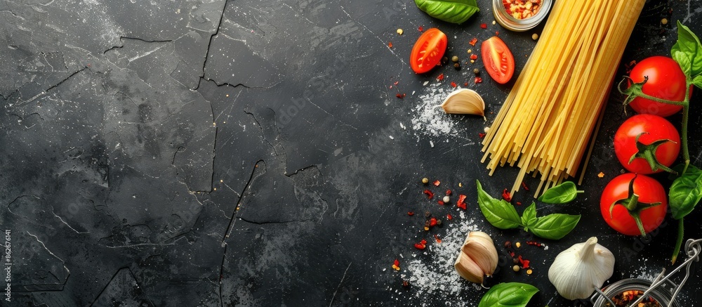 Poster top view of raw spaghetti on a black stone table with tomato, garlic, and basil, allowing for copy s