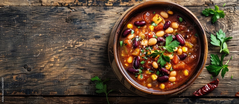 Poster a rustic bowl of tasty chili bean soup on a wooden background with ample copy space image.
