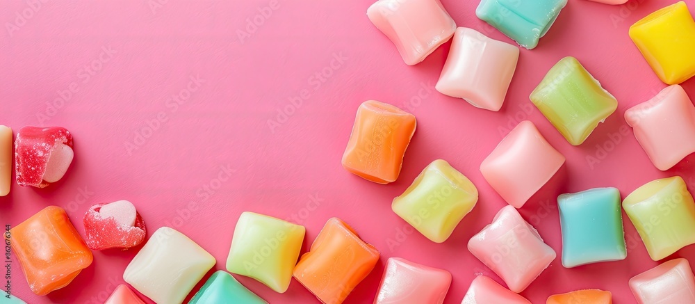 Poster flat lay of delicious sweet chewing gums on a pink backdrop with room for text in the copy space ima