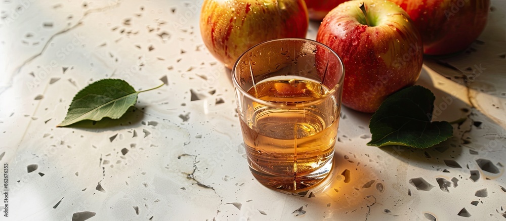 Poster Apple cider displayed in a glass on a terrazzo countertop with a blank space for additional content in the image.