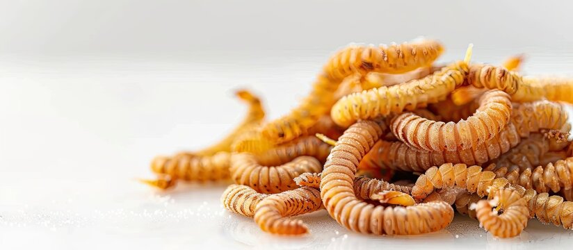 Dried or frozen mealworm larvae stack on white backdrop with copy space image, suitable as feed for pets and birds.