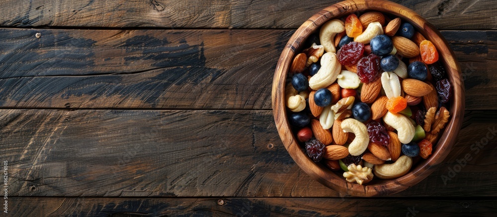 Aufkleber healthy snack featuring a blend of mixed nuts and dried fruits presented in a rustic wooden bowl wit