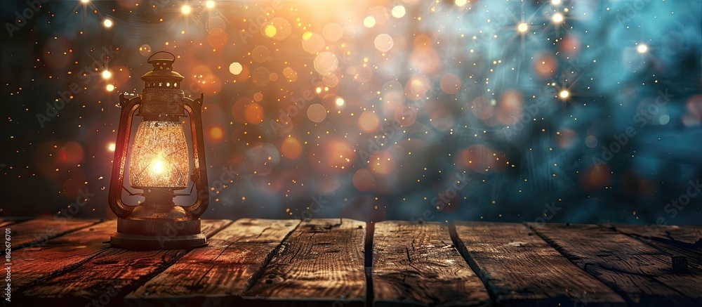 Poster a wooden desk offers a perfect setting for your decorations, featuring a blurred lamp and fireworks 