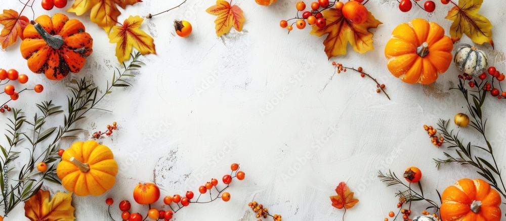 Poster festive fall decoration with pumpkins, leaves, and berries on a white rustic backdrop, creating a fl