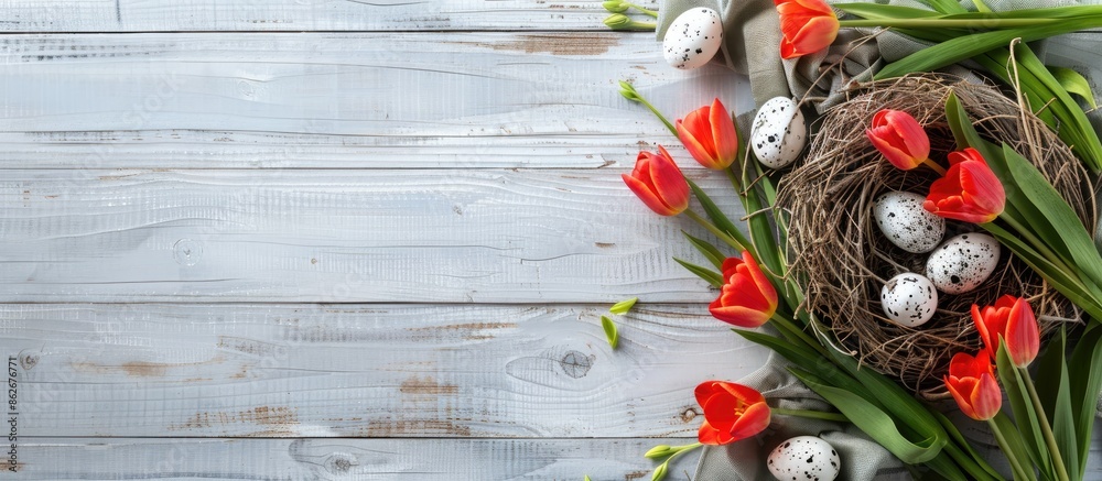 Poster easter-themed greeting card with tulips, eggs in nest, and rustic white wooden backdrop, ideal for e