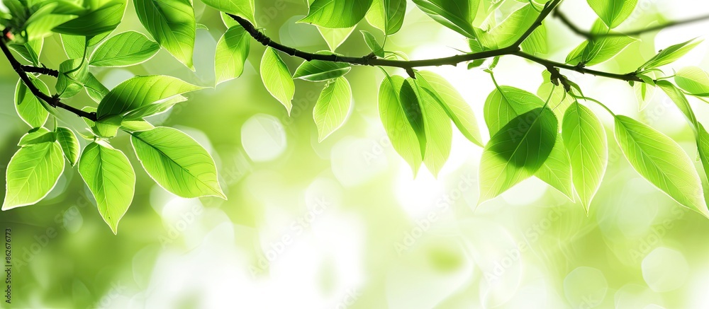 Aufkleber fresh green leaves on a branch creating a vibrant copy space image.