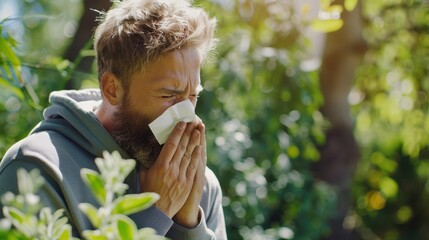 The man sneezing outdoors