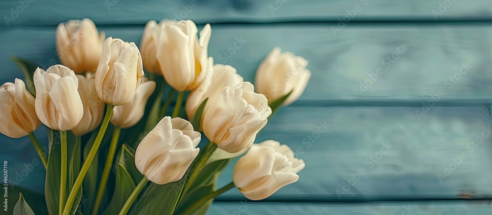 Poster Top view of a stunning bouquet of fresh cream tulips, ideal for a spring-themed concept, flat lay style with a copy space image.