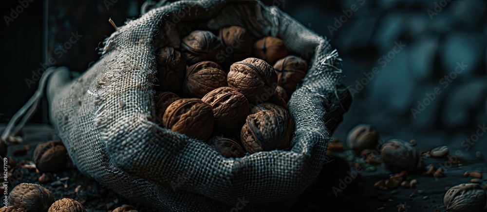Aufkleber Dark and moody shot featuring a sack of walnuts with space for adding text or images. Copy space image. Place for adding text and design
