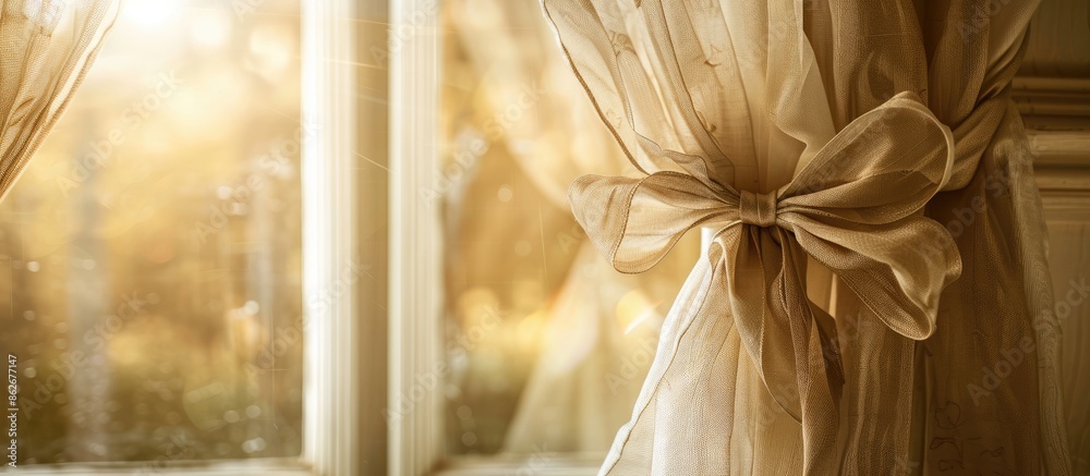 Poster An elegant bow adorns the beautiful curtain on the window, adding a decorative touch with its natural material, creating a cozy atmosphere around a peaceful copy space image.