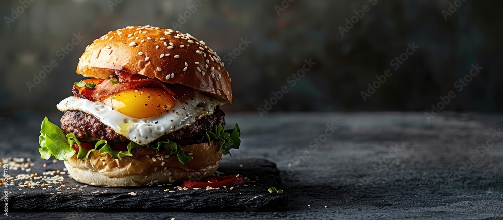 Aufkleber Delicious burger topped with a fried egg presented on a dark backdrop, with room for adding text in the empty area of the image. Copy space image. Place for adding text and design