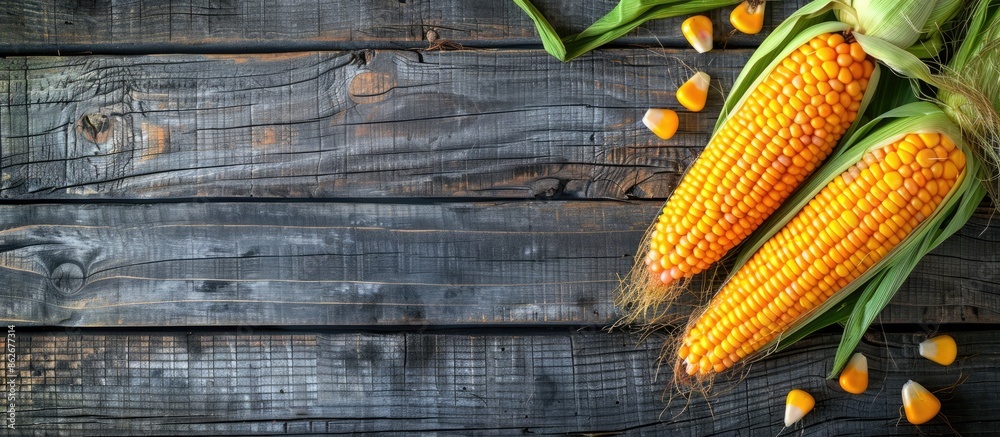Aufkleber Top-down view of two-toned corn on a wooden backdrop with ample copy space image.