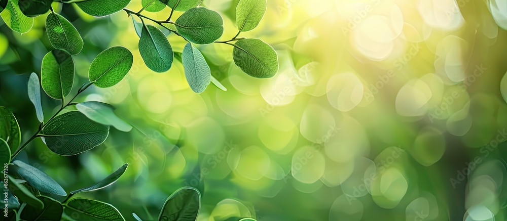 Poster a close-up image of a green leaf against a blurred garden background with copy space image, evoking 
