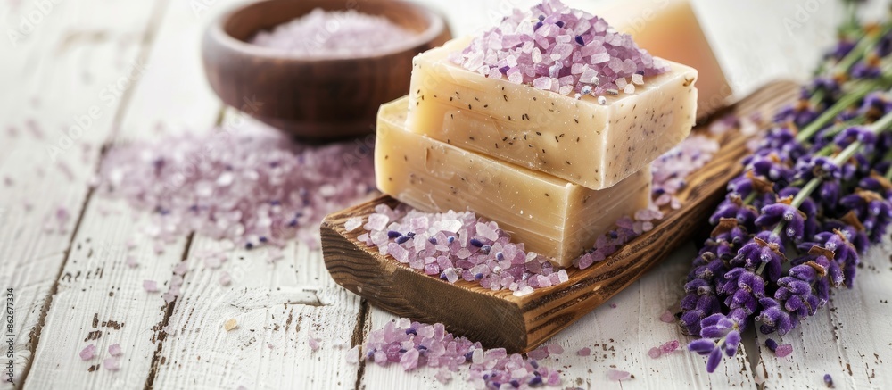 Poster A rustic display of lavender organic soap with bath salt is arranged on a white wooden table with a blank background for adding images. Copy space image. Place for adding text and design