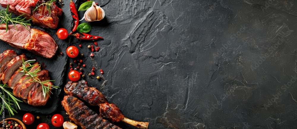 Aufkleber Different grilled meats like beef, pork, and chicken on a stone background with space for your text. Copy space image. Place for adding text and design
