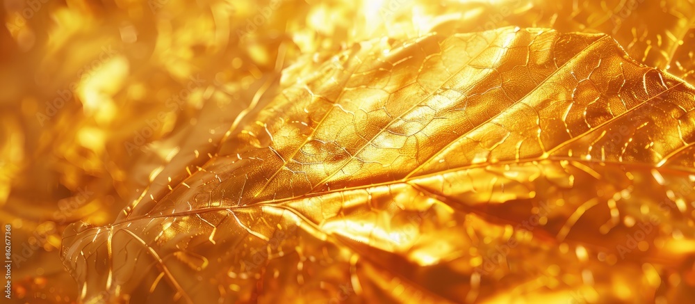 Aufkleber background with a shiny gold foil texture resembling a yellow leaf, providing copy space image.