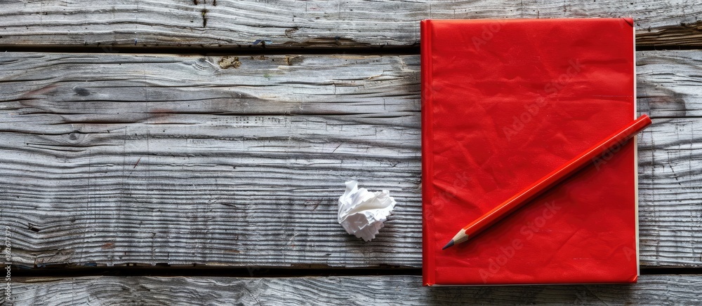 Aufkleber A red notebook with a pencil and crumpled paper on a wooden background, suitable for adding text or images in the available space. Copy space image. Place for adding text and design