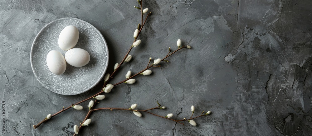Fototapete Easter theme with small white eggs on plate against gray backdrop, adorned with willow branches for holiday touch, offering room for text in image. Copy space image. Place for adding text and design