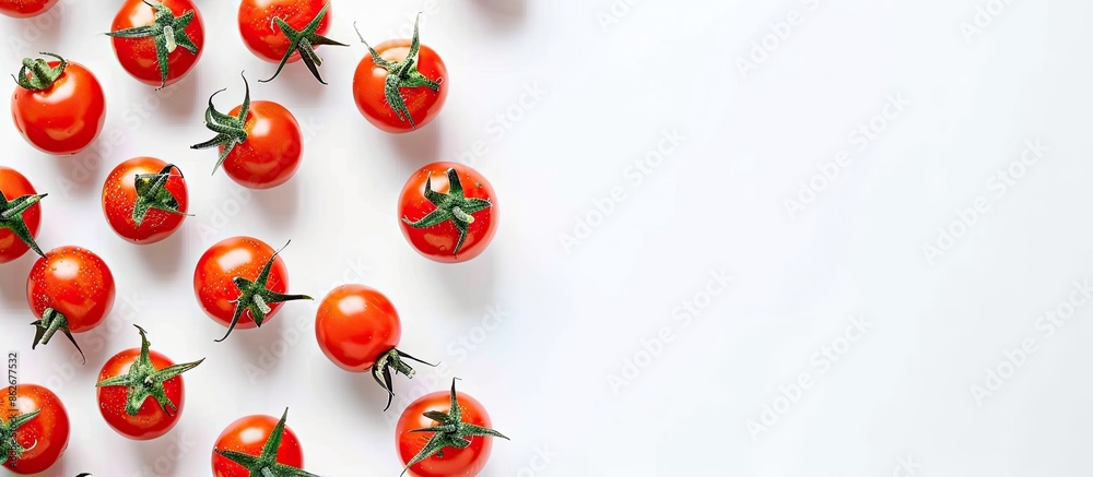 Poster A creative flat lay composition featuring tomatoes and text on a white background banner with ample copy space image.