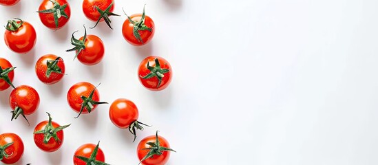 A creative flat lay composition featuring tomatoes and text on a white background banner with ample copy space image.