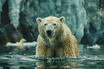 Obraz premium A majestic glacier with crystal-clear ice and a polar bear in the distance, highlighting the importance of arctic conservation.