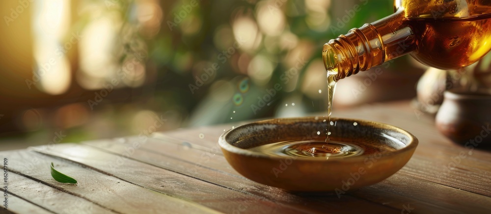 Aufkleber Pouring tea tree oil from a bottle into a bowl on a table, with an area available for adding text in the image. Copy space image. Place for adding text and design