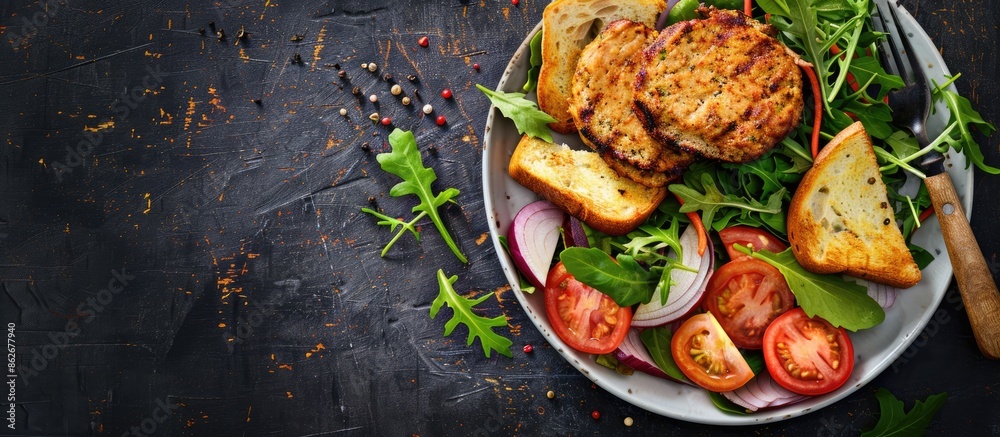 Poster healthy meal option of chicken meatloaf paired with a fresh salad and toast, perfect for lunch or di