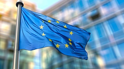 European Union flag waving in front of modern office building. Bright, sunny day. Clear blue sky and glass structure. Represents unity, cooperation and economic strength. Stock photo. AI